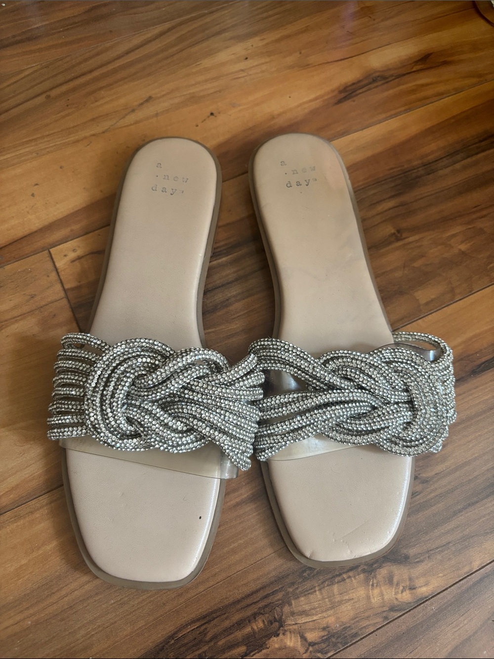 a new day Beige Beaded Braided Slide Sandals preloved callouts in pics